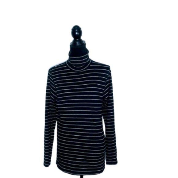 #C24 Women’s Black with White Stripes Turtleneck Stretch Tee - Picture 1 of 5